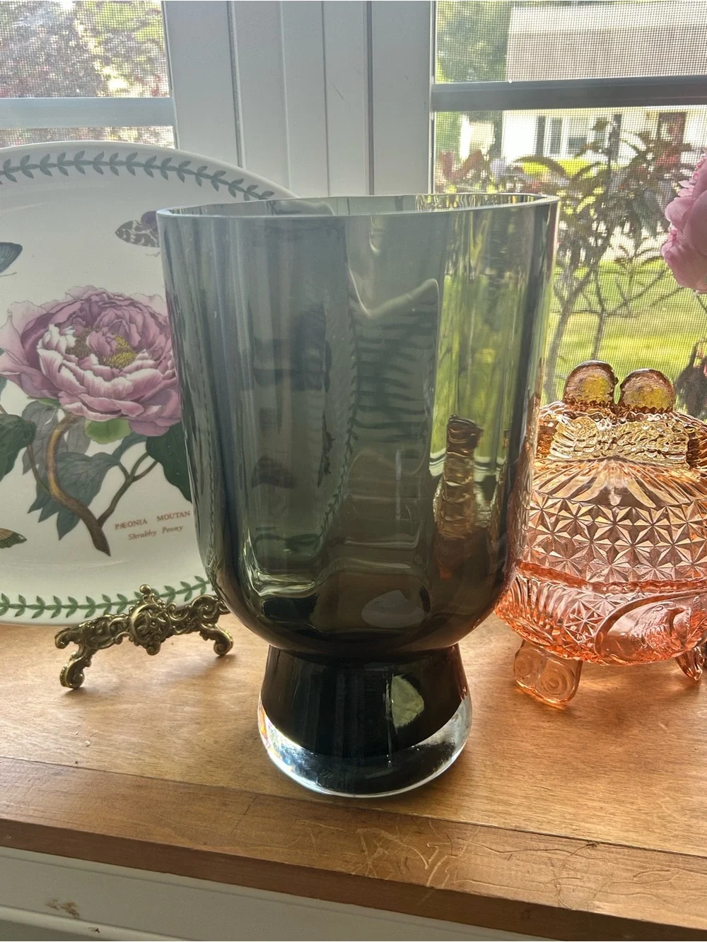 Smoked Green Glass Pedestal Vase - Home Accents